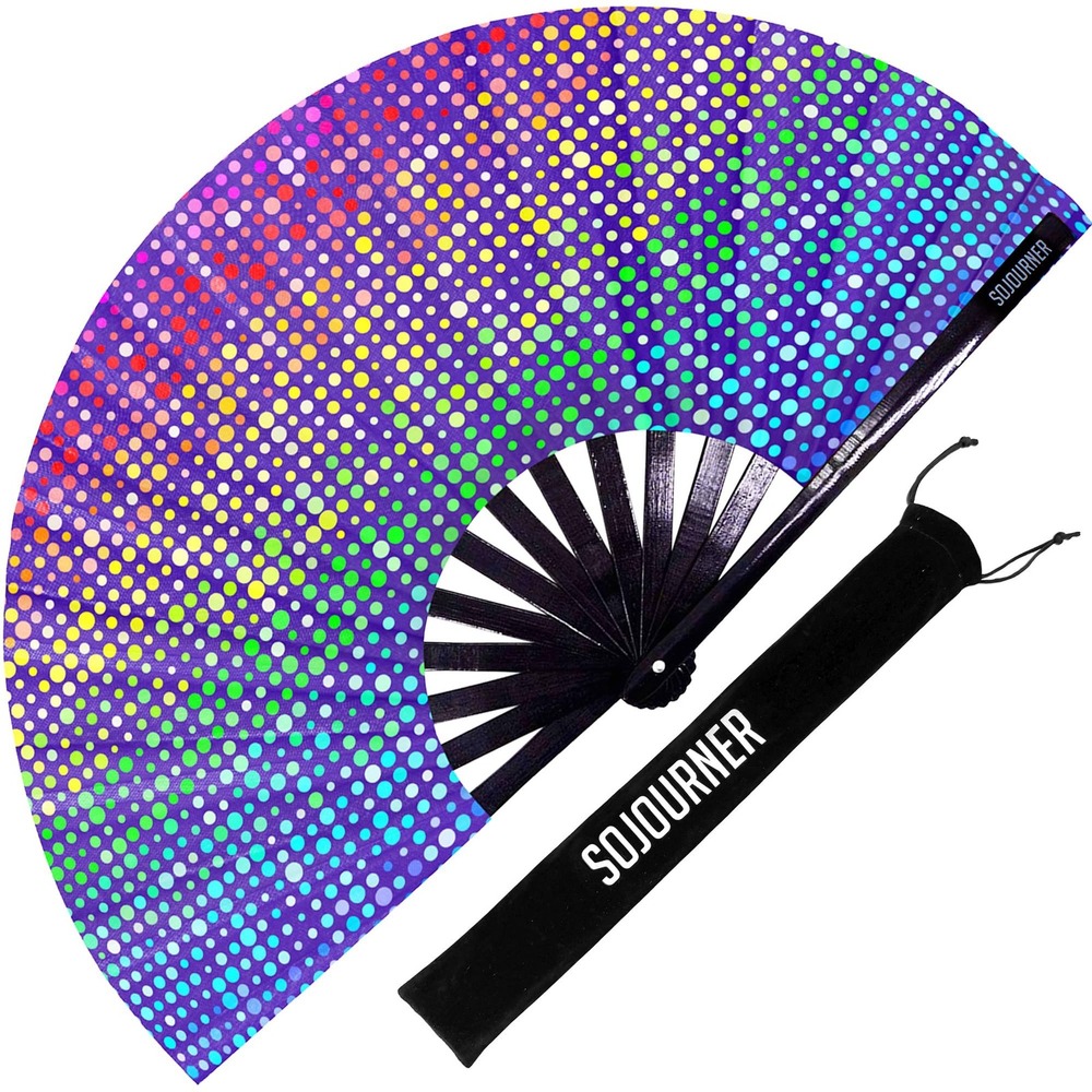 SoJourner Bags Rainbow Lights Rave Fan Large Bamboo Folding Clack Fan NWT Case
